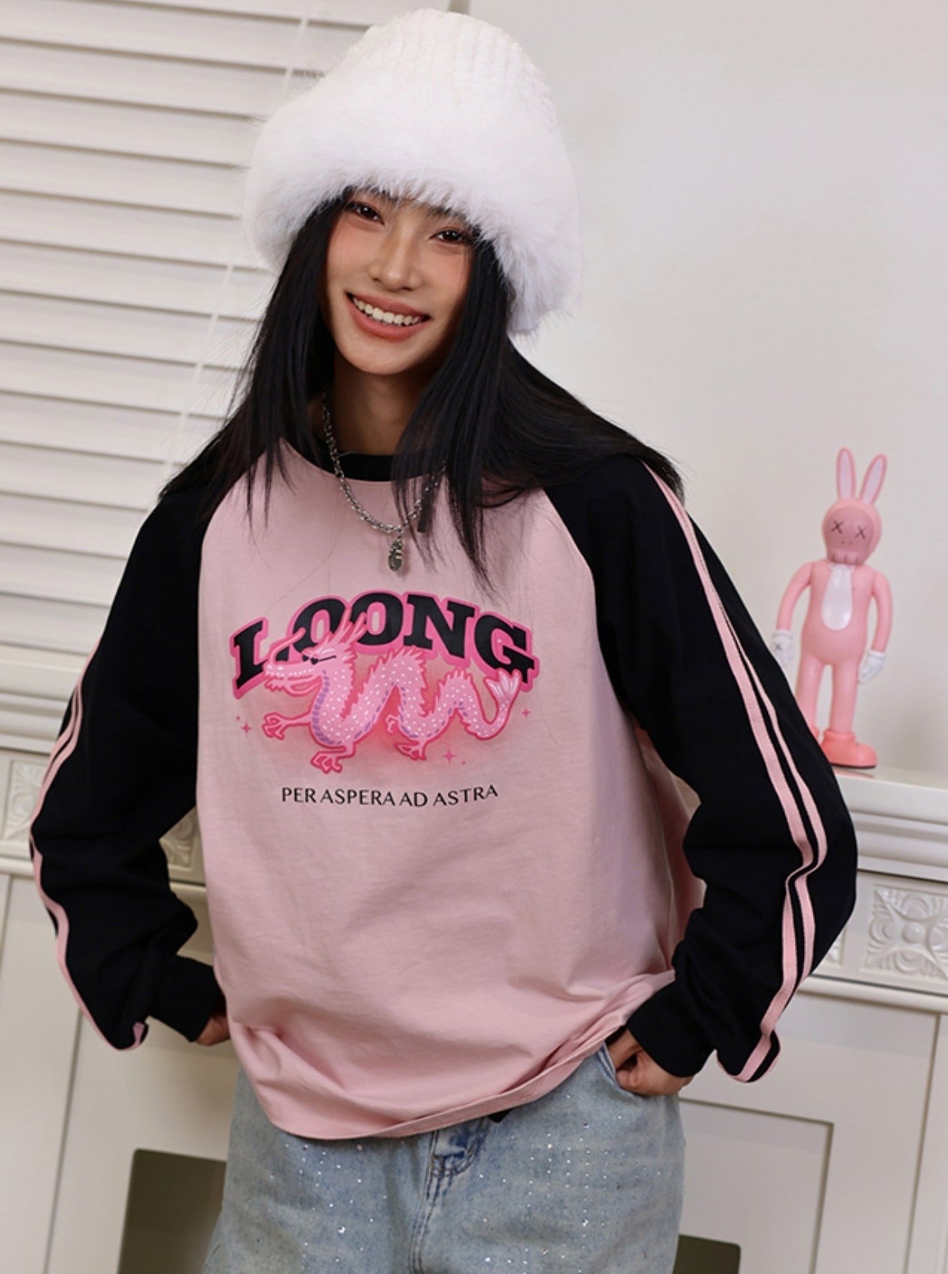 Black Pink Raglan Dragon Sweatshirt