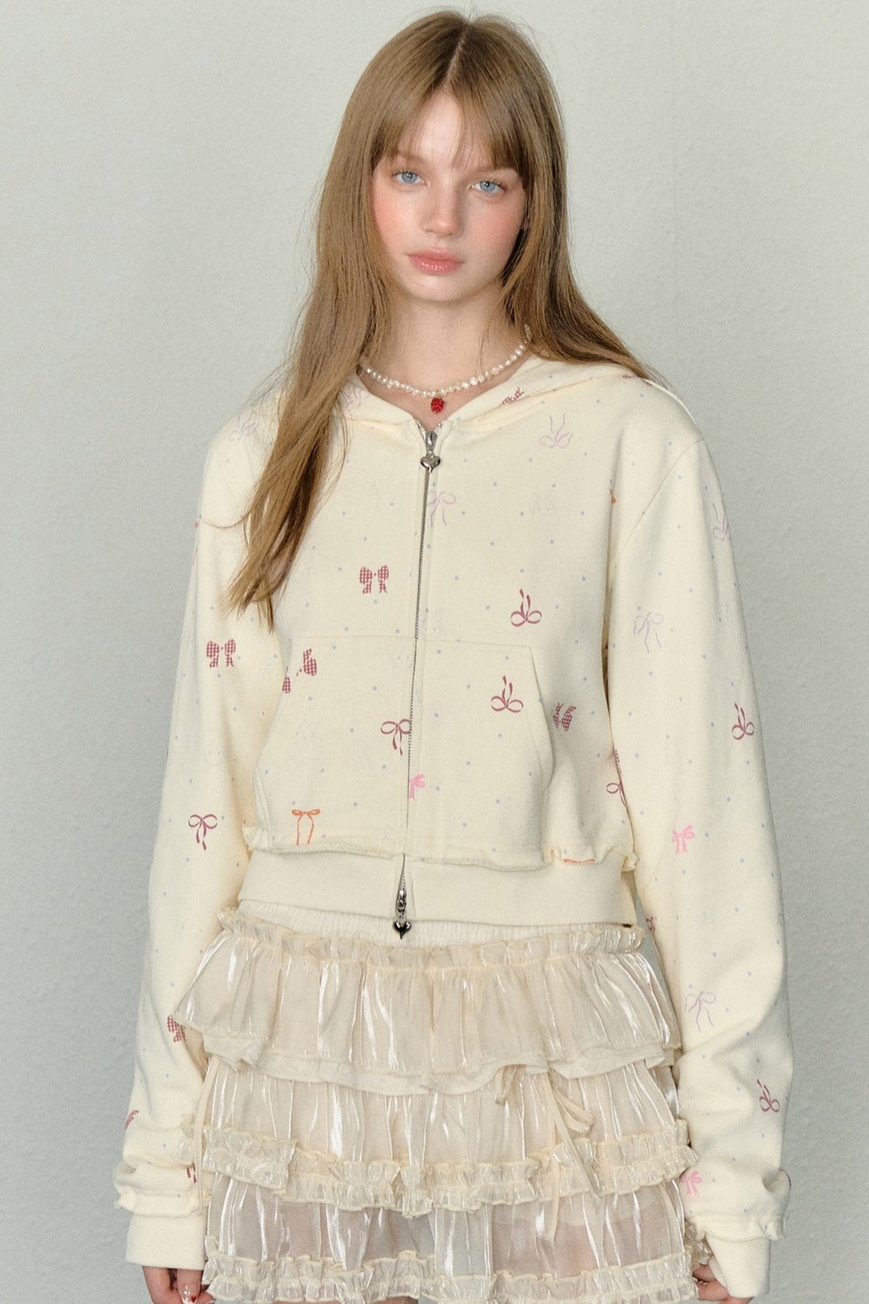 All Over Bow Print Cardigan Hoodie