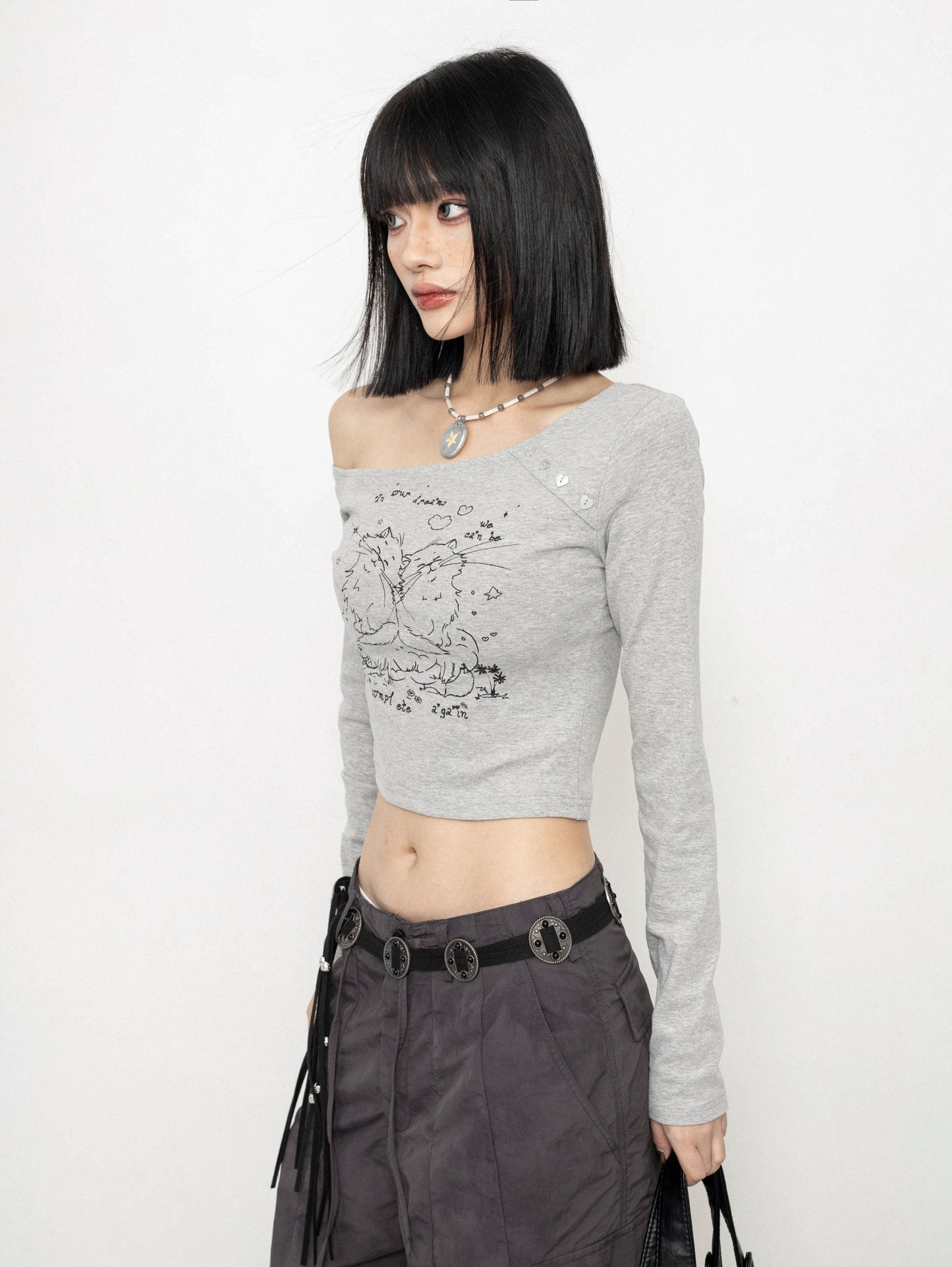 Cat Print Inner Long-Sleeved T-Shirt