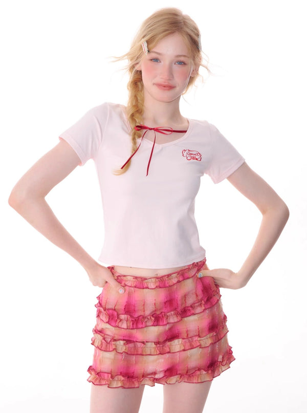 Retro Lace-Up V-Neck T-Shirt