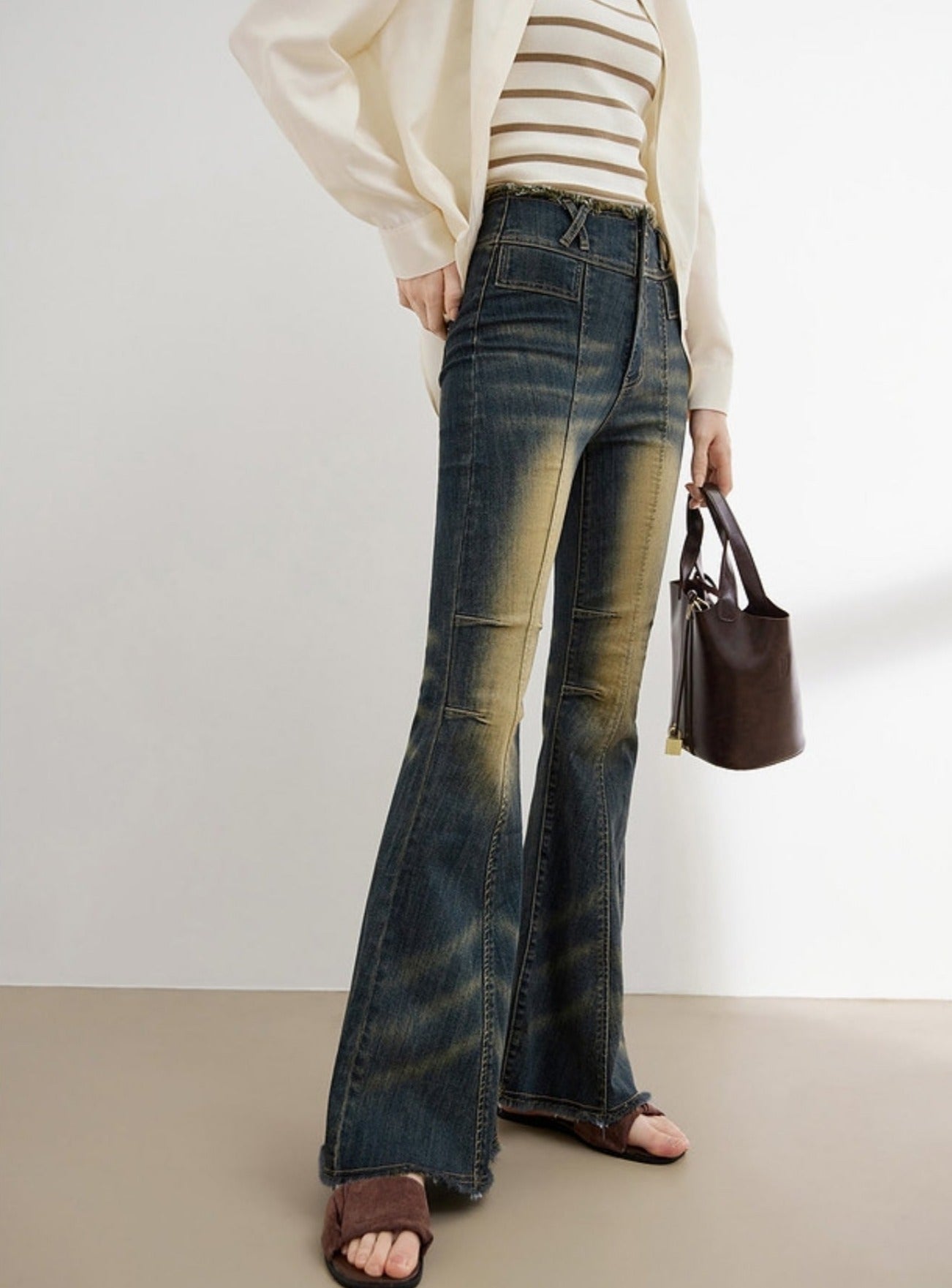 Retro Bootcut Jeans Raw Pants