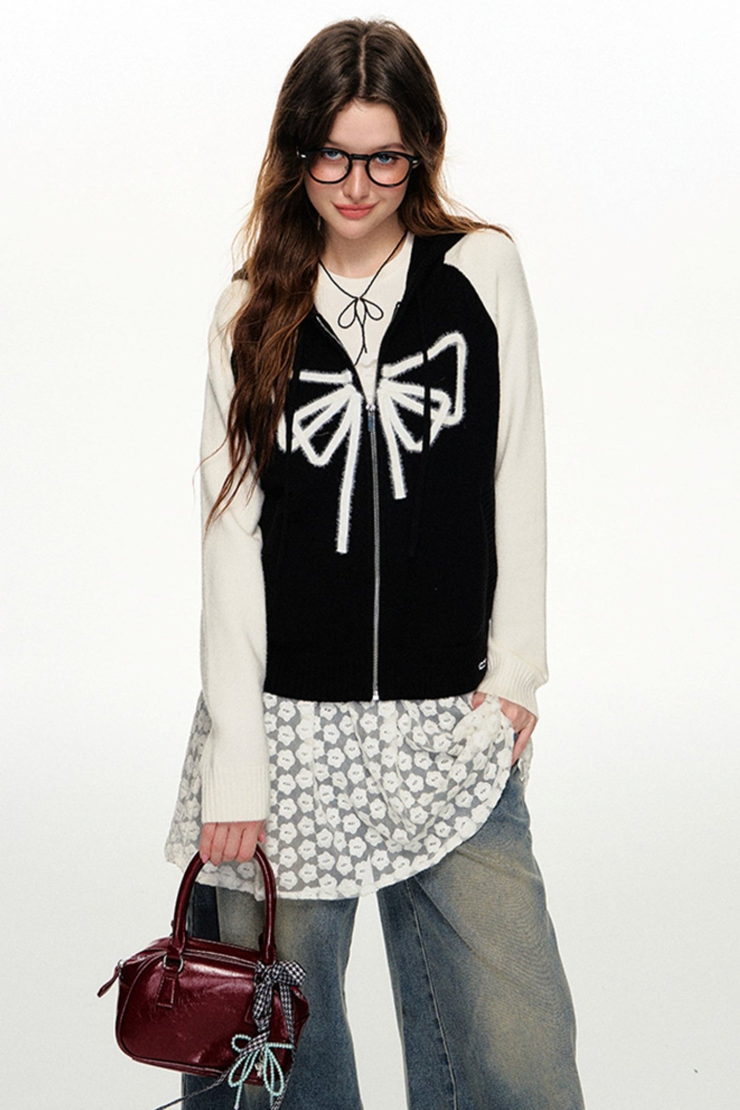 Fall Bow Knit Hooded Jacket