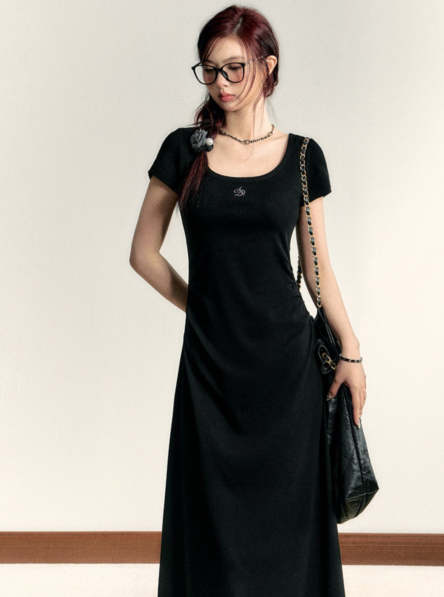 Square Neck Waist Cinched Long Dress