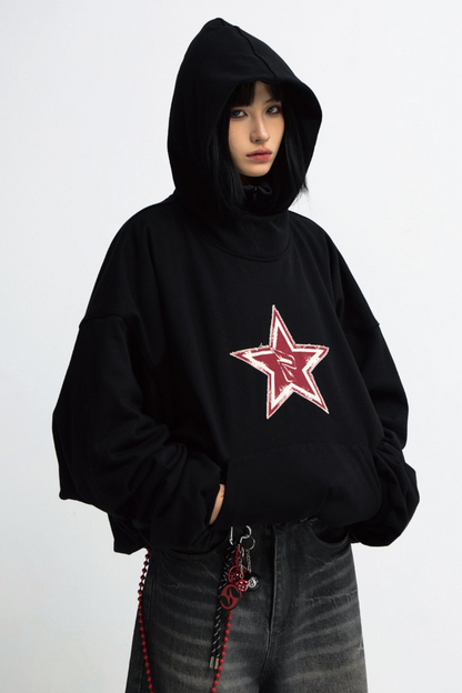 LOOSE BLACK STAR EMBROIDERED HOODIE TOP