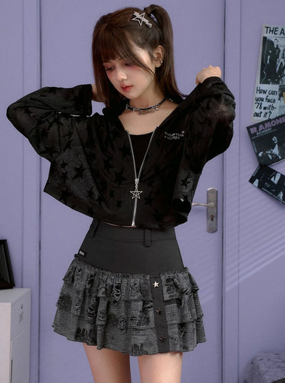 SagiDolls Teenage Fighting Spirit Black Ripped Newspaper Print Millennial Cool High Waisted Cake Rock Hottie Skirt