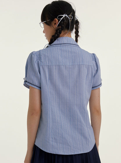 Blue Striped Cropped Casual Doll Collar Shirt