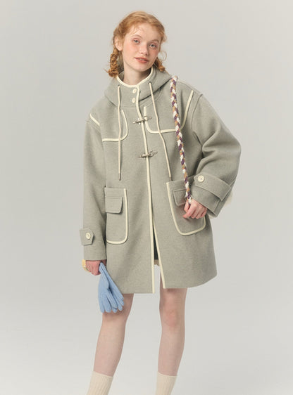 Woolen midlength hooded tweed coat