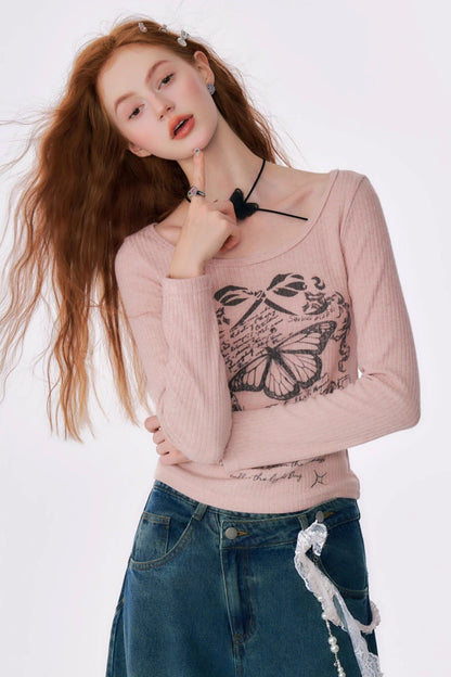 Butterfly Print Slim Halterneck Top