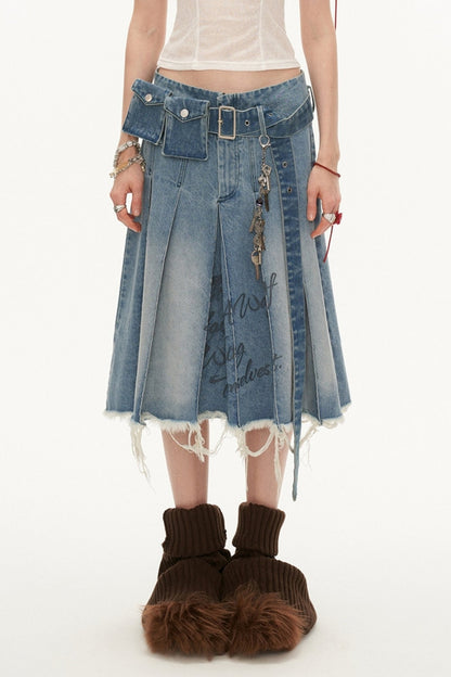 Vintage Belt Bag Decorated PLEATED DENIM SKIRT