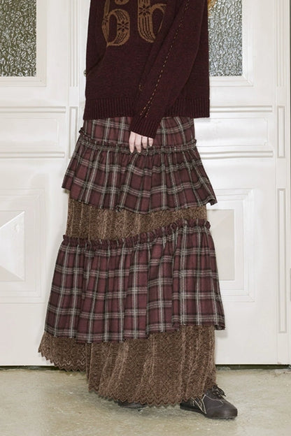 Brushed Plaid Patchwork Lace Skirt