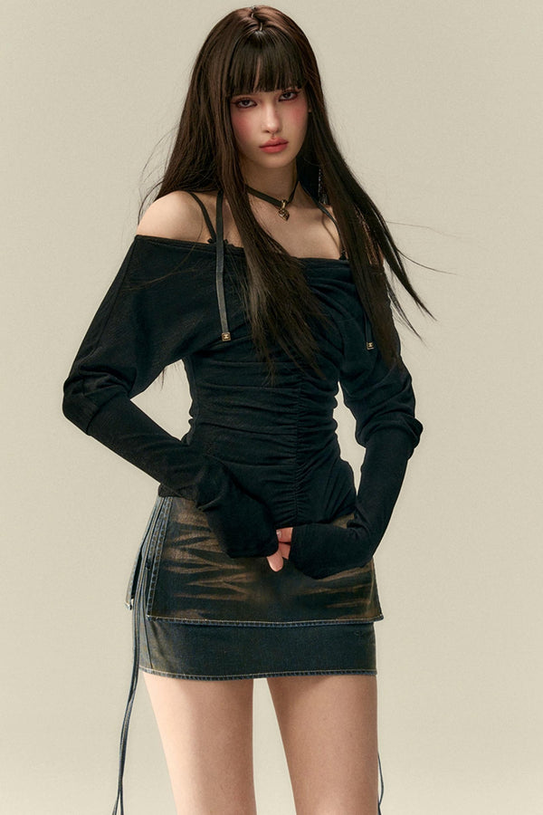 Design Pleated One Shoulder Long Sleeve Top