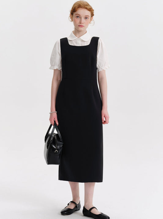 DESIGNER PLUS French Square Neck Black Bib Dress 2024 Preppy Temperament Cinched Waist Long Dress