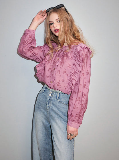 Balloon Sleeve Floral Chiffon Shirt