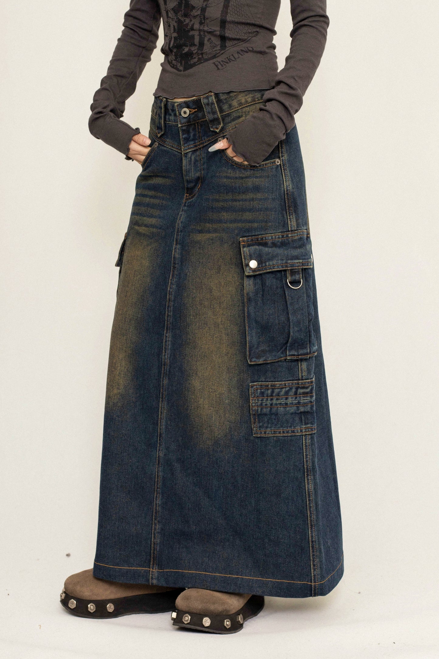 OCTTFLAB Original Herbst/Winter American Retro Style Denim Rock Long Design Pocket Long Rock Women