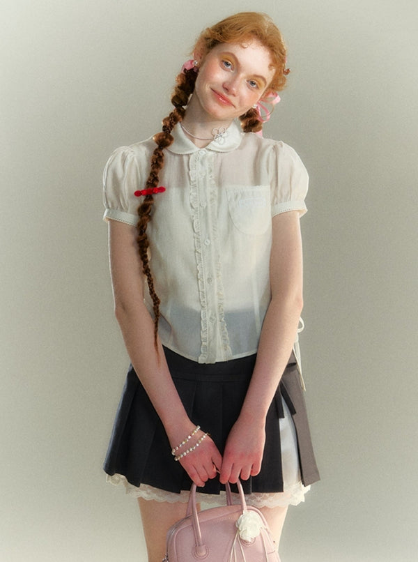 Ruffled Puff Sleeve Doll Neck Tencel Shirt