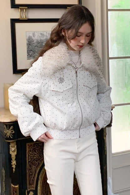 White Polka Dot Fur Collar Coat