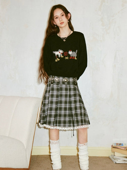 Vintage Elegant Lace Panelled Plaid Skirt