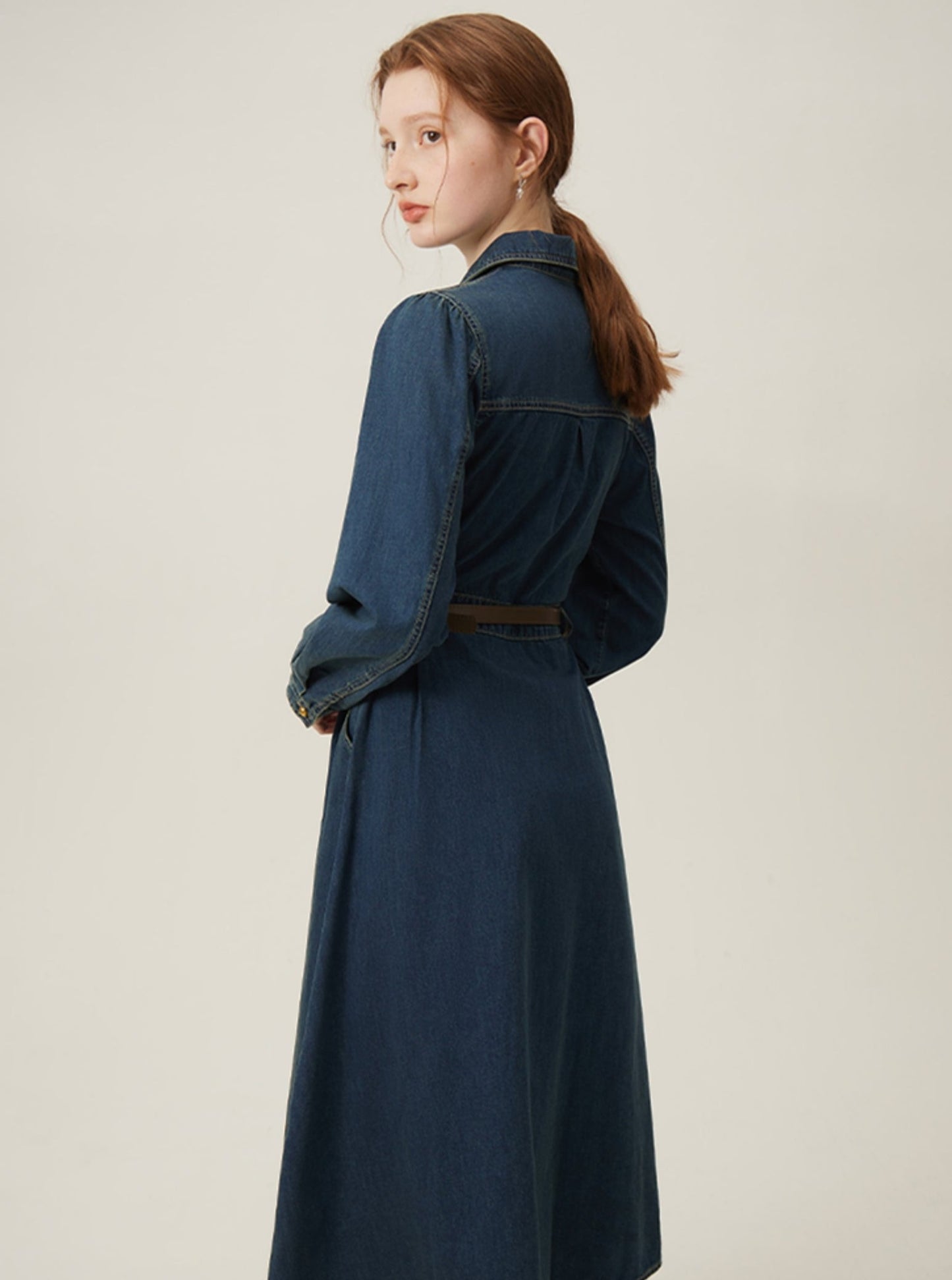 French Vintage Langärmeliges Denim-Kleid