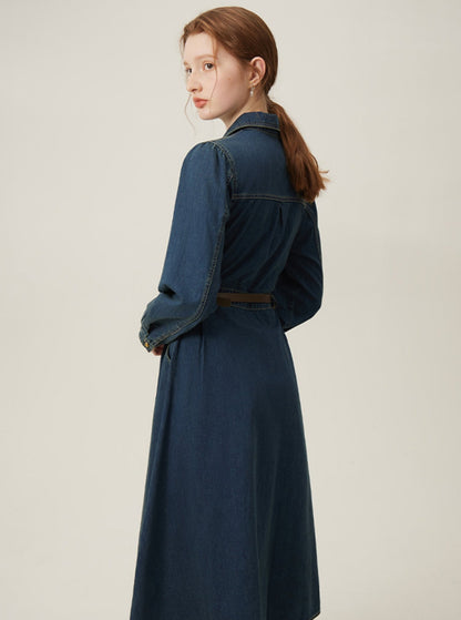 French Vintage Long Sleeve Denim Dress