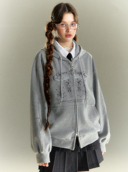 Grey Hooded Double Zipper Sweatshirt Coat