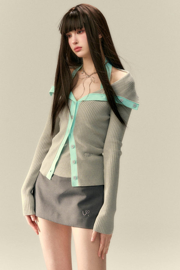 볼드 칼라 대조 카디건 세트업 