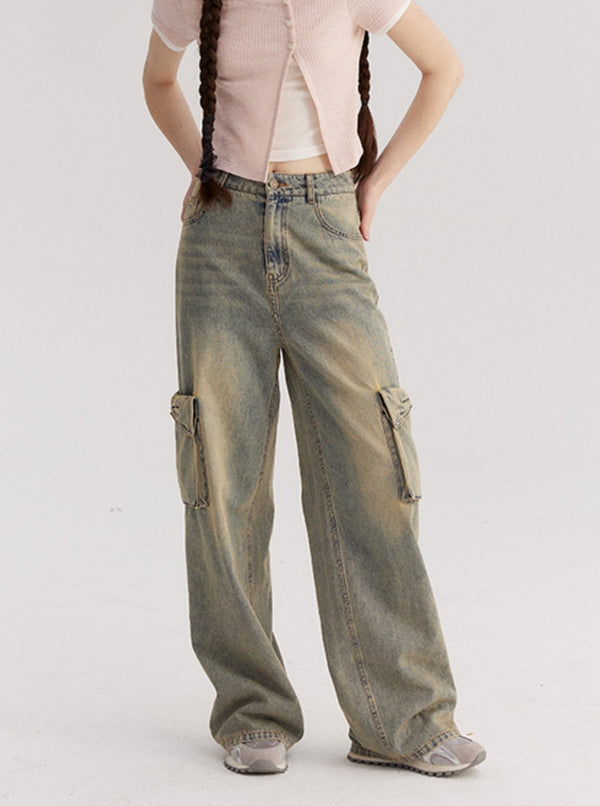 Retro Distressed Yellow Wide-Leg Pants