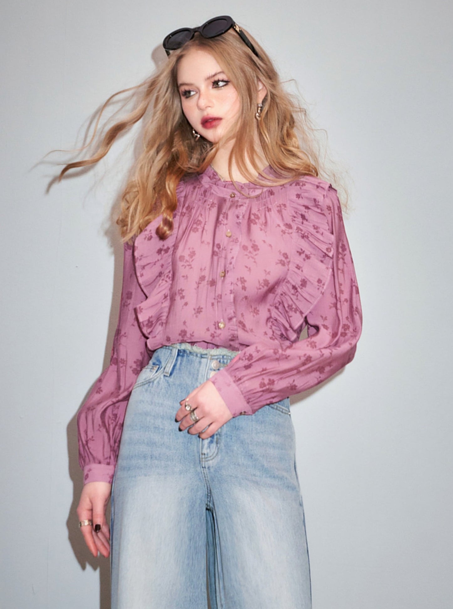 Balloon Sleeve Floral Chiffon Shirt