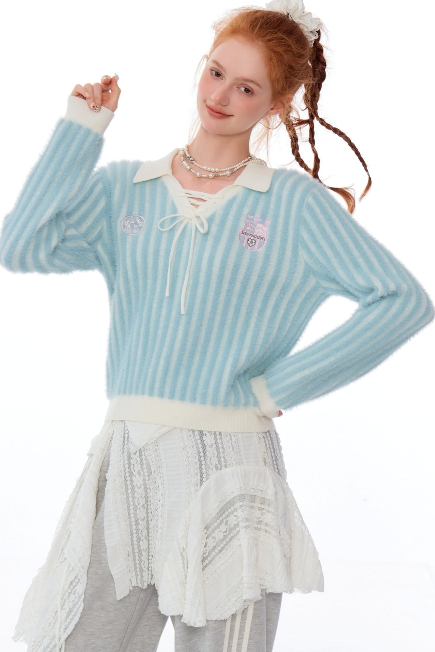 Retro Vertical Striped Polo Neck Sweater