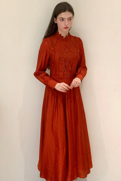 Design Retro Red Long Sleeve Dress