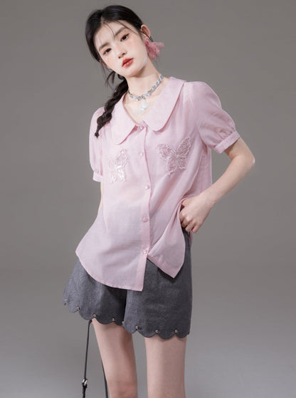 Butterfly Embroidered Doll Collar Shirt