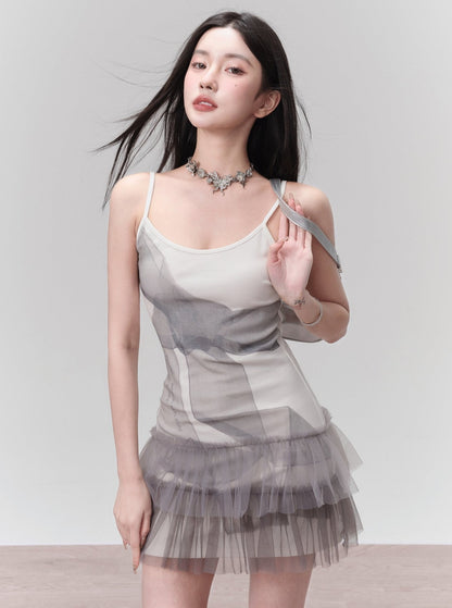 Gray Bow Mesh Slip Dress