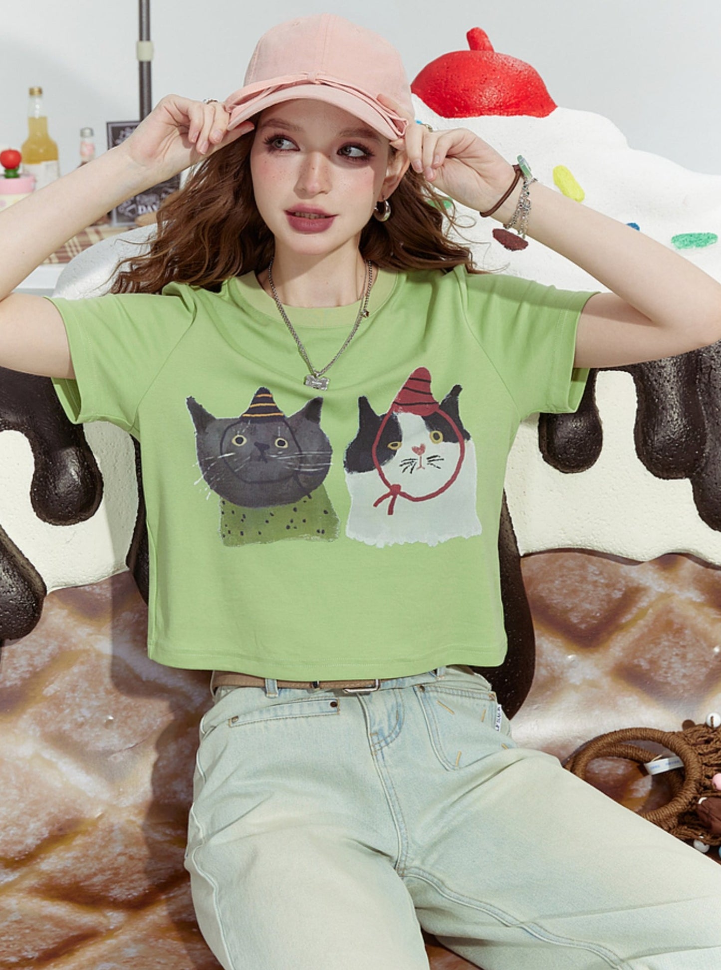 Cat Print Shoulder Slim T-Shirt