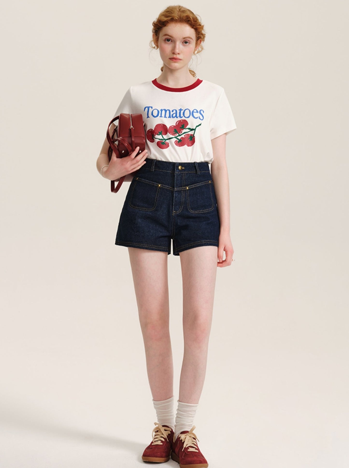 Contrast Topstitch Denim Shorts Pants