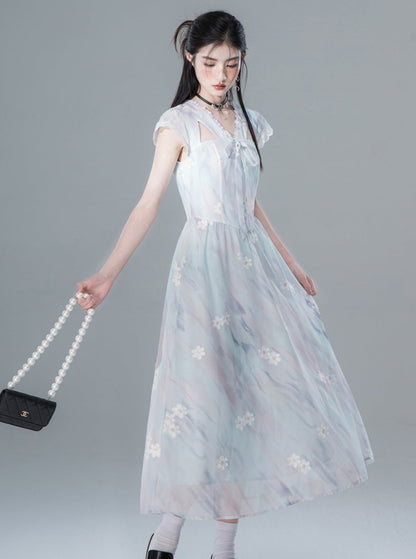 COTRE Eis-Extrakt Meeresblau Transparentes Katzenohr Ausschnitt Romantisch Besticktes Kleid