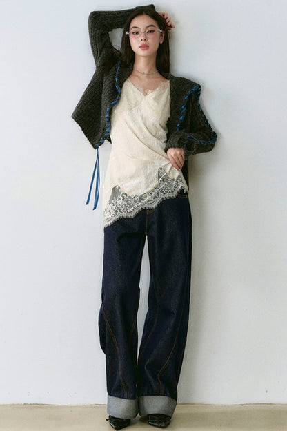 Lace Panel Sweater Jacket with Contrasting Knit Cardigan Vest