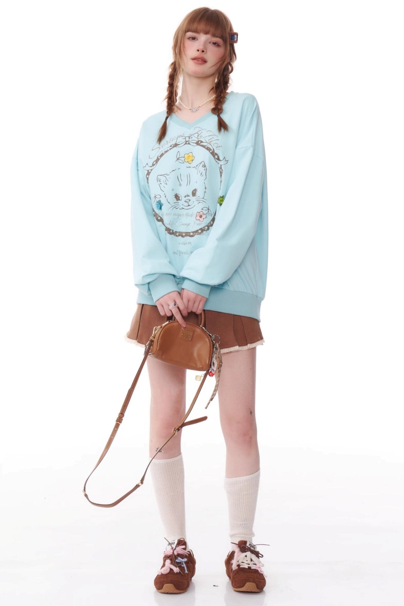 Cat Print Drawstring Loose Sweatshirt