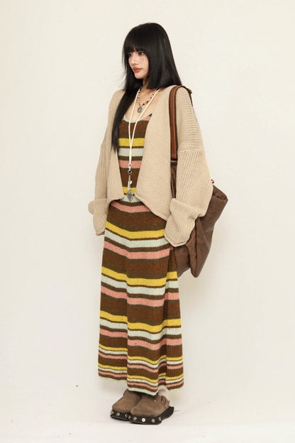 OCTTFLAB American Retro Autumn/Winter Striped Knitted Suspenders Worn Thin Slim Fit Hot Girl Sweater Long Skirt Woman