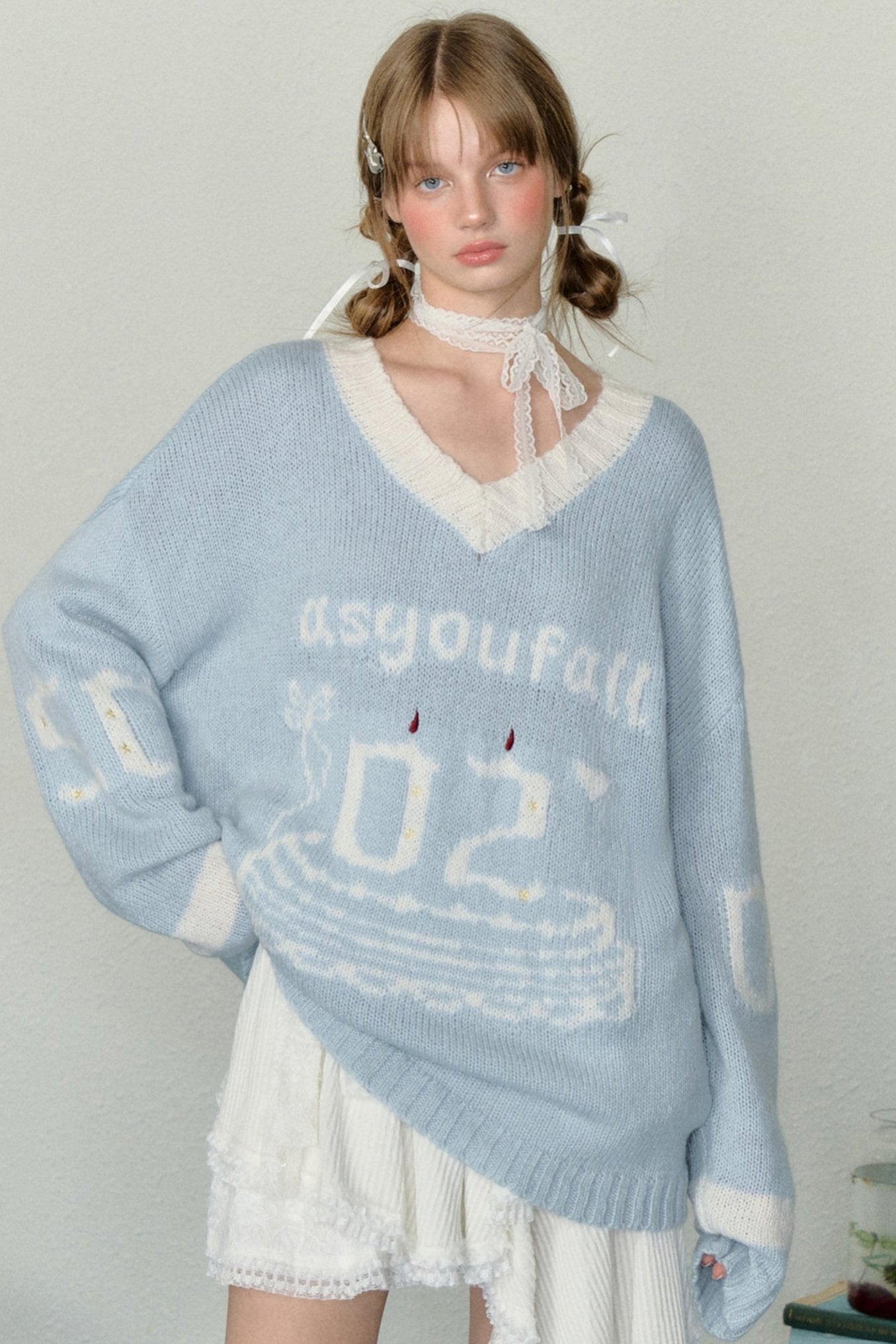 AYF Digital Candle Cake Jacquard Sweater Original design sense vintage V-neck knitted slouchy style long-sleeved sweater