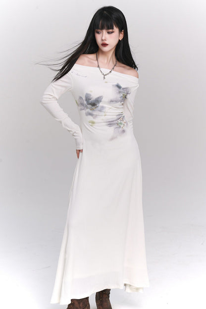 Ghost Girl One-Shoulder White Long-sleeved Dress Autumn Niche Non-Collision Cool Skirt Unique and