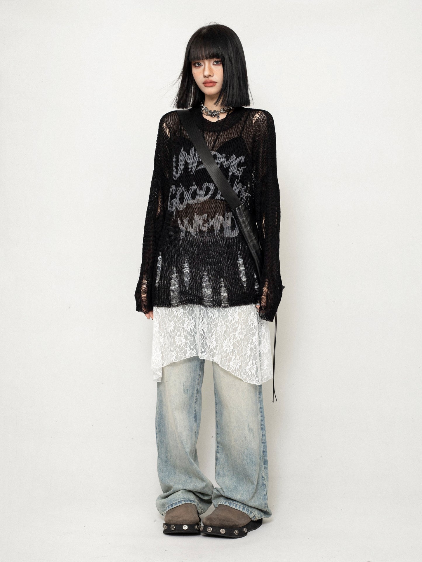 Light Mesh Graffiti Knit Top