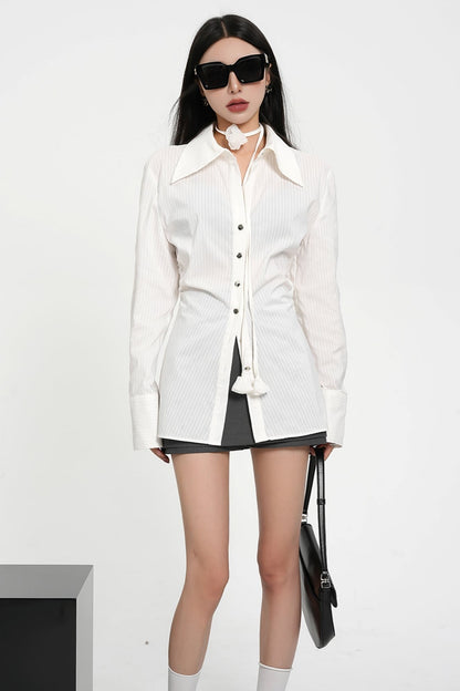 Pleated Waist Mid-Length White Shirt