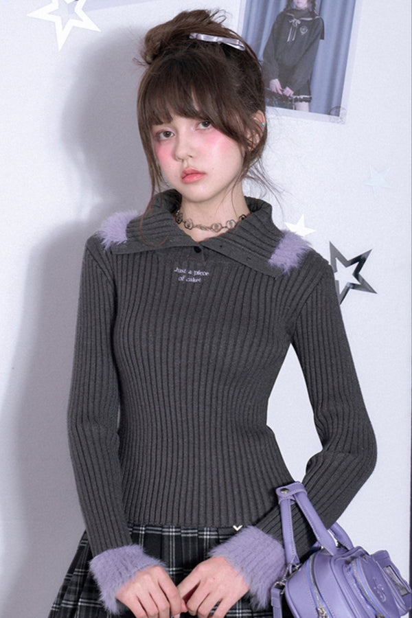 로맨틱 그레이 퍼플 니트 탑 