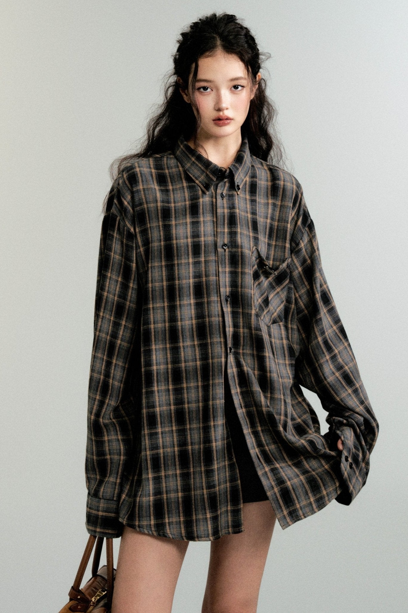 Color-Block Loose Check Long-Sleeved Shirt