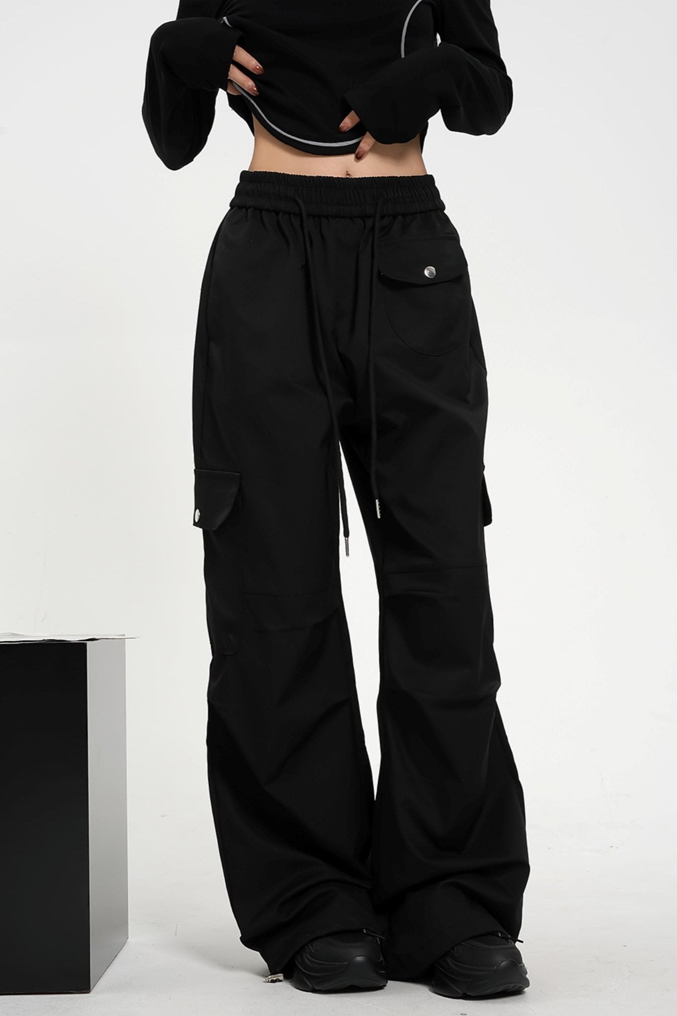 High-Waisted Elasticated Waist Cargo Pants