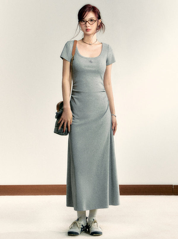 Square Neck Waist Cinched Long Dress