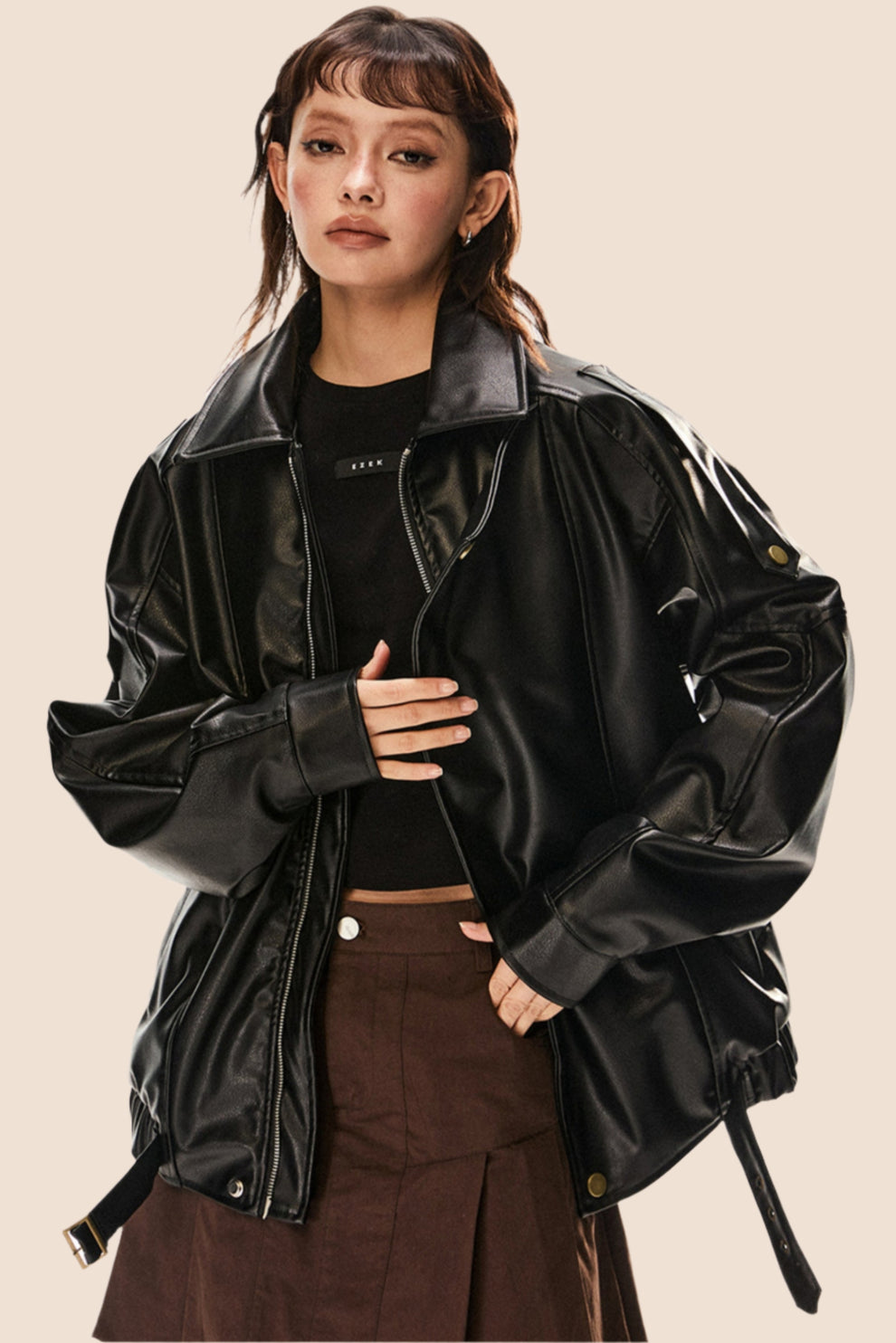 Warm thick leather biker jacket