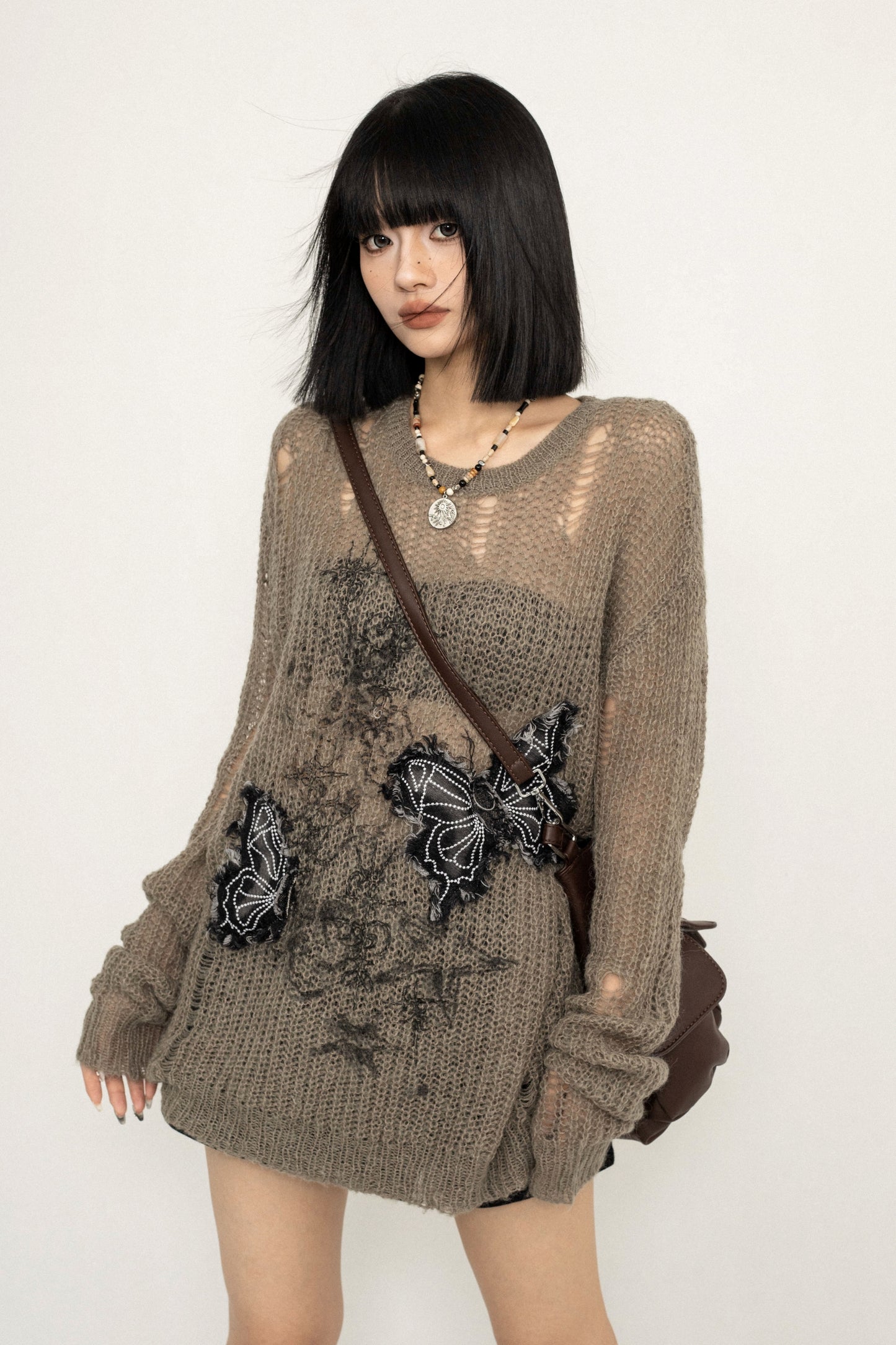 Vintage Butterfly Embroidery Mesh Knit Sweater