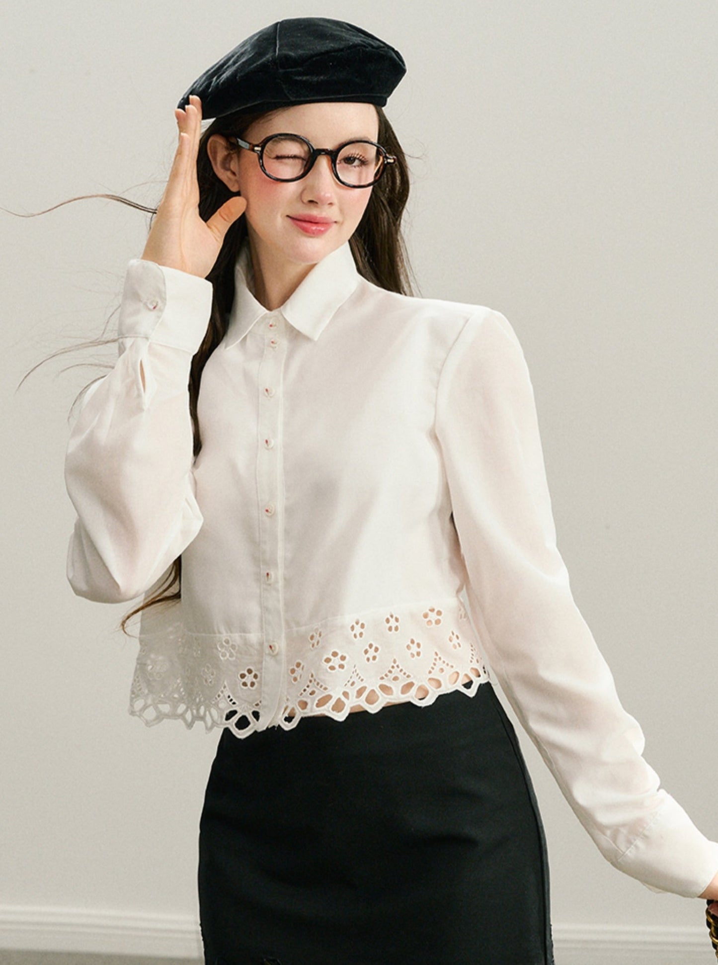 MIU Lace Skirt Shirt Set