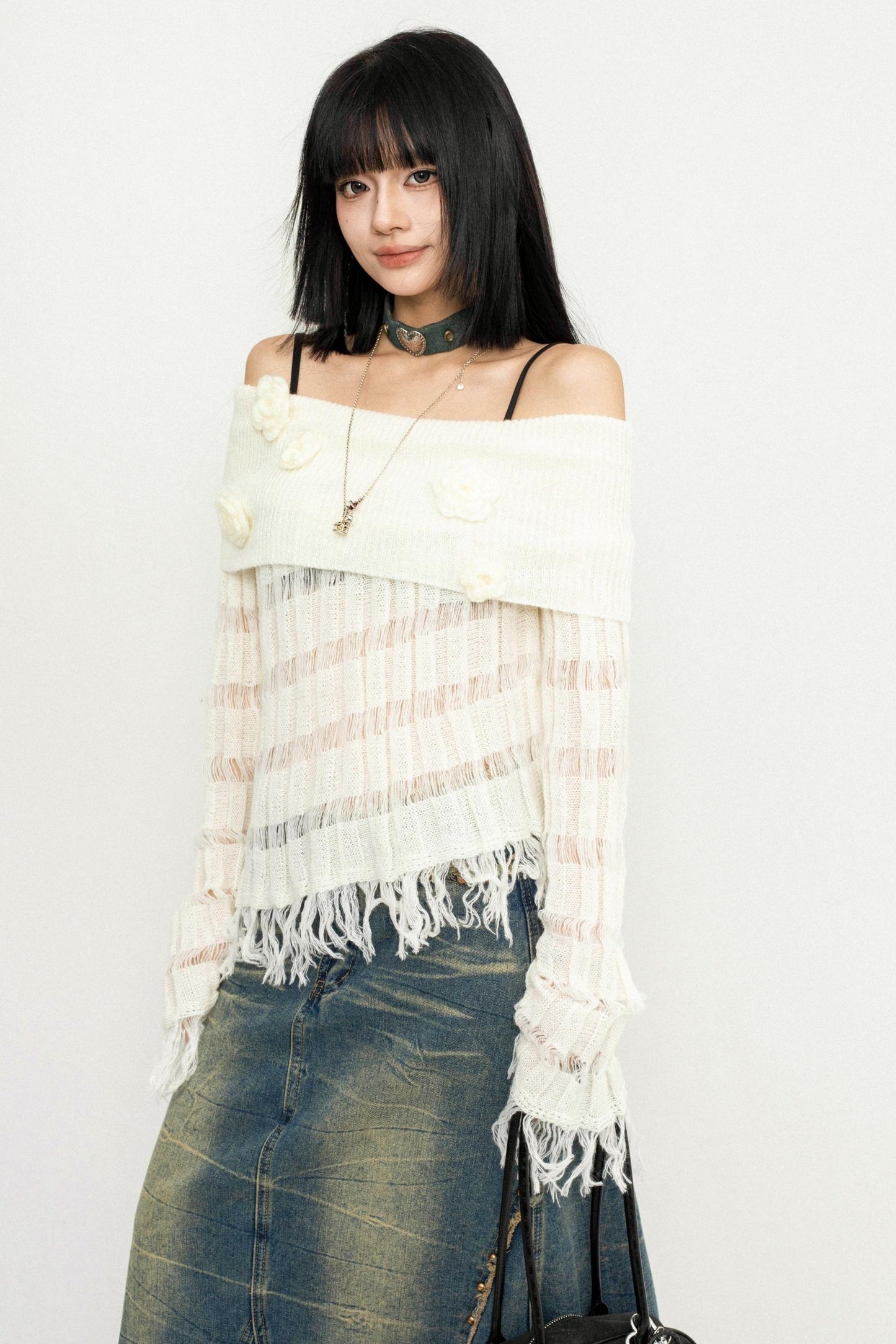 Off-Shoulder Tassel Knit Sweater