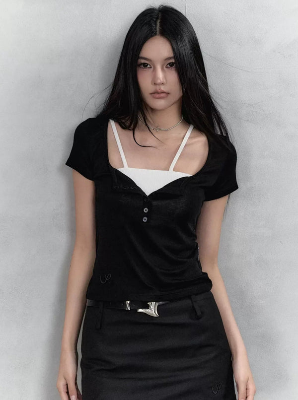 Henry Collar Embroidery Short Sleeve Knit Set